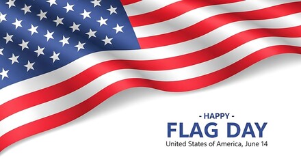 Fototapeta premium Flag Day celebration poster with waving American flag and stars for June fourteenth holiday