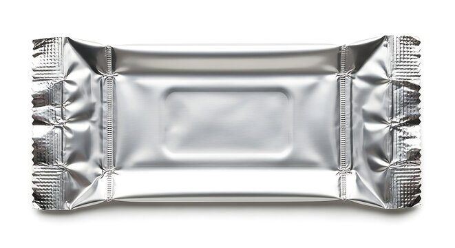 Shiny metallic foil wrapped rectangular object resembling a chocolate bar or food packaging