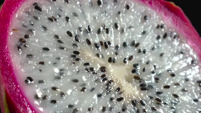 dragon fruit slice with dense seed pattern in white flesh as a thin piece is gently lifted, revealing juicy texture and natural symmetry in a clean macro food shot