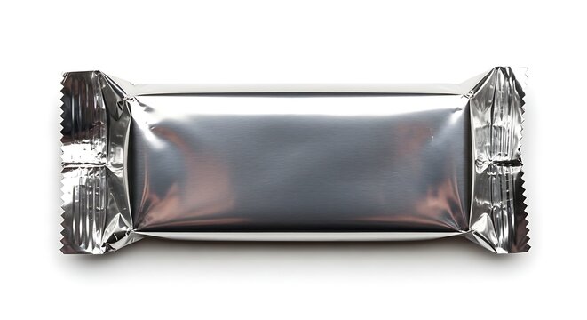 Sealed rectangular candy bar wrapped in shiny silver foil packaging