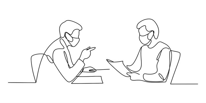 Two people wearing medical face masks having a business meeting or interview in a continuous line drawing style Vector, illustration