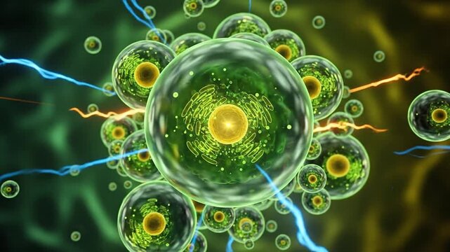 Microscopic view of cells with energy and electrical impulses.