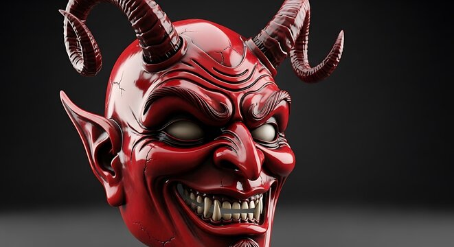 Red demon head with horns and a sinister smile against a dark backdrop