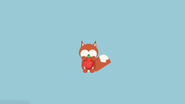 Cute Animated Red Fox Eating a Strawberry in Flat Design