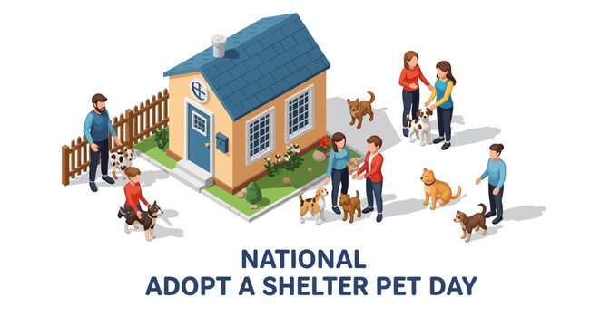 Celebrating Adopt a Shelter Pet Day, an isometric illustration showcases people adopting dogs and cats near an animal shelter with a bright, cheerful mood, emphasizing pet care and love