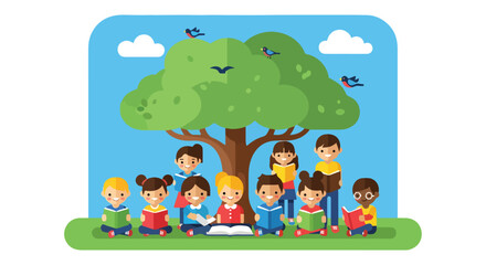 Obraz premium Children reading under tree
