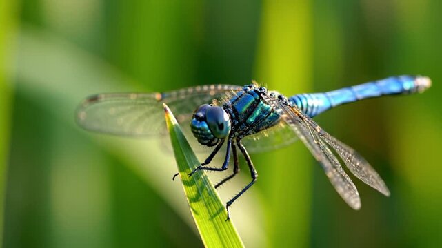 A closeup macro of a blue dragonfly resting on a green leaf highlights the intricate wings and eyes of this summer insect amidst nature and wildlife