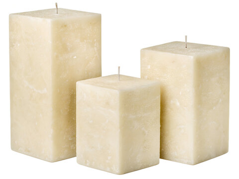 Set of Three Unlit Square Beige Pillar Candles in Different Heights Isolated on White Background

