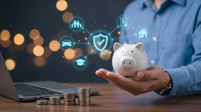 Professional hand holding white piggy bank with virtual insurance icons, life home car and education protection concept.
