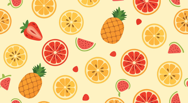 A vibrant pattern of various fruits on a pale yellow background