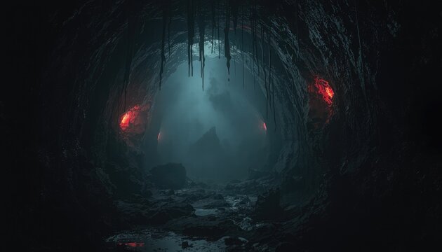 Mysterious underground cavern with glowing red orbs, ideal for fantasy, horror, or adventurous themes in presentations and media.
