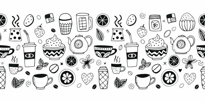 Hand drawn coffee and tea pattern black and white illustration