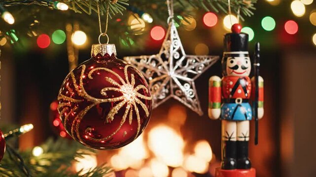 Christmas tree decorated with traditional ornaments and warm holiday lights