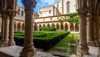 Obraz premium A serene courtyard with lush greenery and ancient architecture