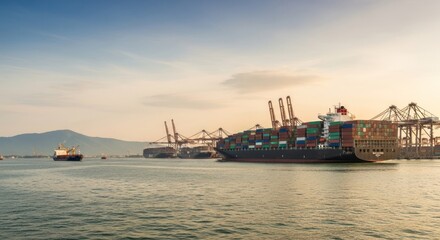 Fototapeta premium Cargo Ship at Harbor with Containers