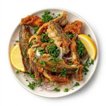 Pejerrey frito - Chile fried silverside fish isolated on a white background