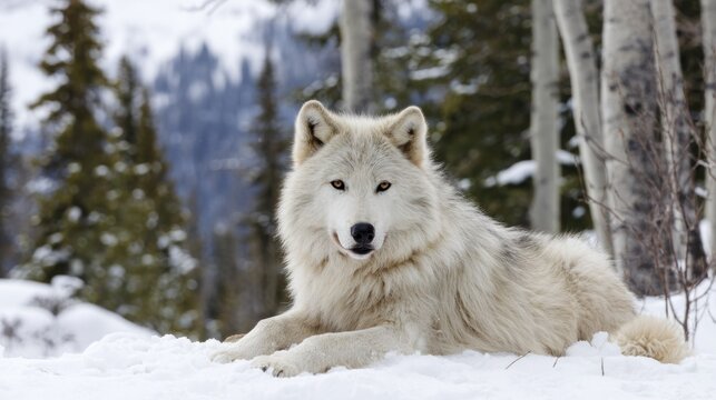 Majestic white wolf rests in snowy landscape with trees in background