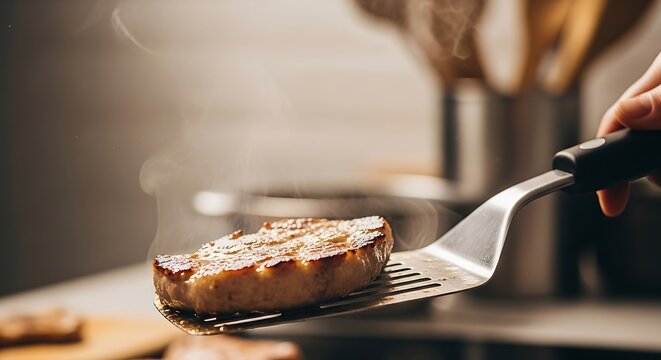 Flipping a Sizzling Hot Meat Burger Patty with Metal Spatula