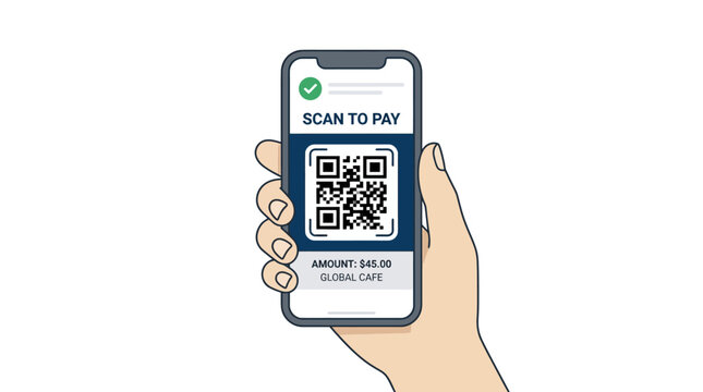 Hand holding smartphone with QR code.