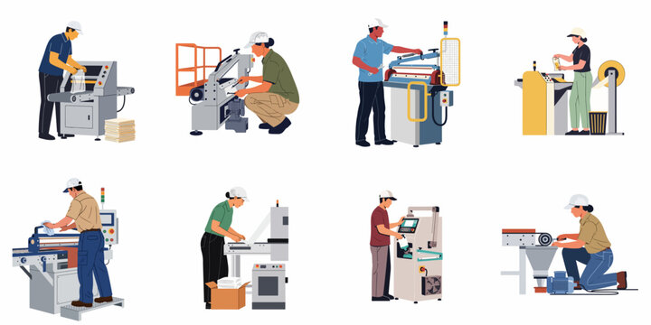 Set of factory workers operating industrial machinery and equipment, flat vector illustrations isolated on white background for manufacturing and production concepts.