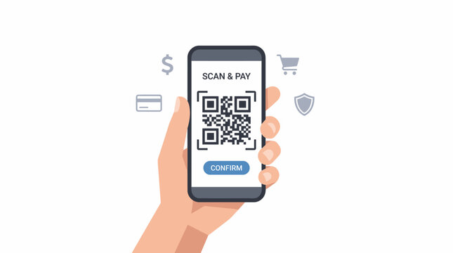 Hand holding smartphone with QR code.