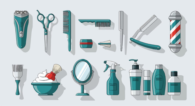Various barber tools and cosmetics on a gray background