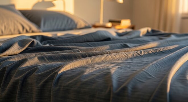 Cozy chambray blue cotton bedding with subtle variations in light and shadow, inviting relaxation and comfort in a tranquil bedroom setting.