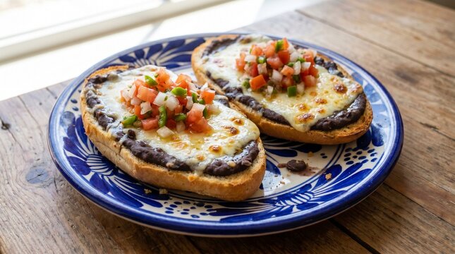 Mexican Molletes with Refried Beans and Melted Cheese