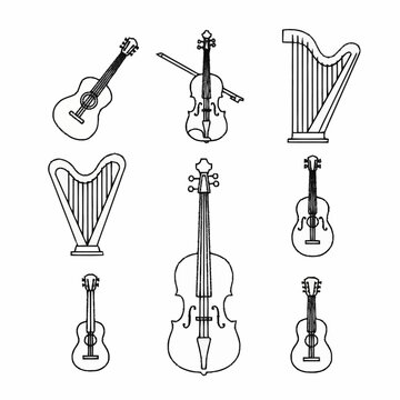 Collection of String Musical Instruments Outline Icons.