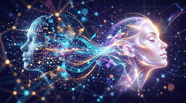 Digital face artificial intelligence technology abstract glowing futuristic human data network connection innovation creative. Digital face and glowing human profile connected by abstract data