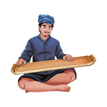 Indonesian man playing Kecapi traditional musical instrument illustration