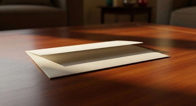 A subtly lit, pristine folded sheet of paper or an unsealed envelope rests elegantly on a polished wooden surface, suggesting an awaiting message or important correspondence