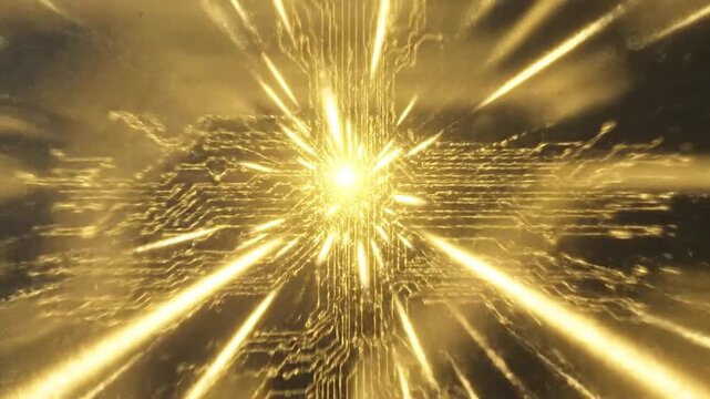 Abstract golden circuit board with bright central light and lines.