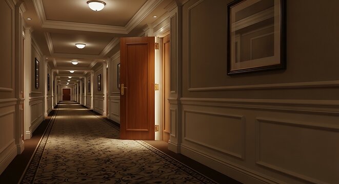 An evocative perspective of a seemingly endless, dimly lit hotel corridor with a single wooden door standing ajar, casting a warm glow and inviting exploration into the unknown beyond