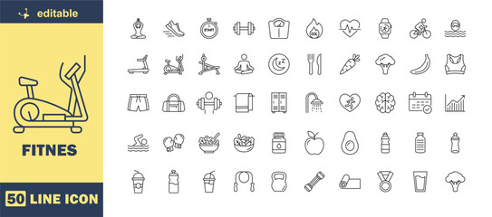 A collection of line icons related to fitness and exercise on a white background © Bolangmania