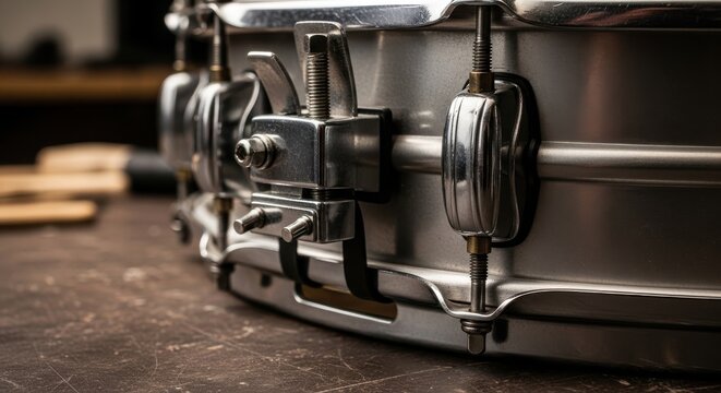 Detailed macro shot of a snare drum's metallic tension rods and intricate hardware on a textured surface