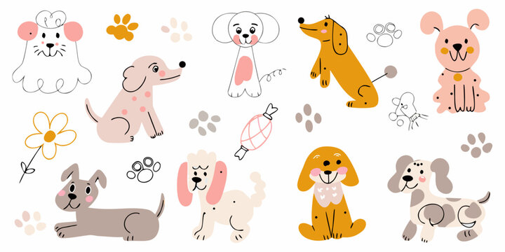 Cute dog collection hand drawn vector illustration with paw prints