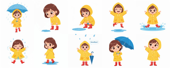 Set of cute little girl character in yellow raincoat and red boots playing in the rain with different poses and expressions