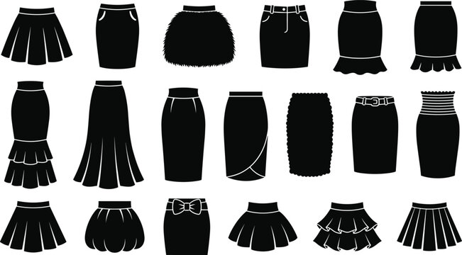 Collection of various women skirt silhouettes including mini midi maxi and pleated styles isolated on white background for fashion design and apparel illustrations.