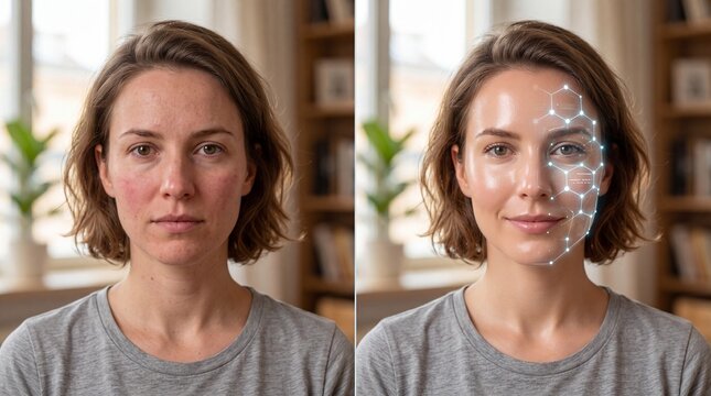 Full face transformation woman before and after skincare digital effect healthy skin beauty rejuvenation natural light home interior short hair smiling
