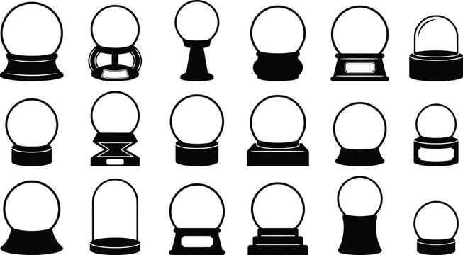 Set of empty crystal snow globe silhouettes with various decorative base designs and glass dome shapes for Christmas winter holiday greeting card graphic illustrations.