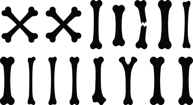 Large collection of black bone silhouette vector icons featuring various animal bone shapes, crossbones, and broken bone fragments isolated on a clean white background.