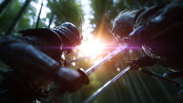 Two Samurai Warriors Facing Each Other in Bamboo Forest with Dynamic Sword Action and Dramatic Lighting