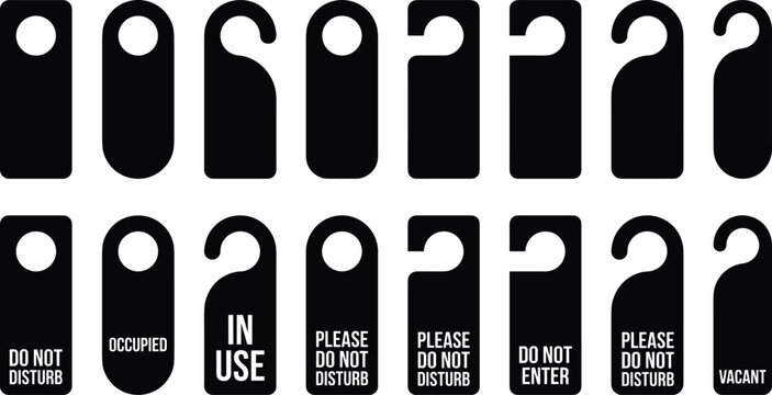 Comprehensive collection of black silhouette vector icons featuring various door hanger shapes including do not disturb, occupied, in use, and vacant signs on white background.
