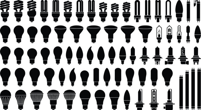 Large collection of light bulb black silhouette vector icons featuring various types like LED, CFL spiral, halogen, incandescent, and fluorescent tubes on white background.