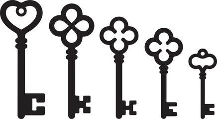 Obraz premium Skeleton key silhouette collection showing five vintage metal antique styles with decorative heart and flower handle head shapes.