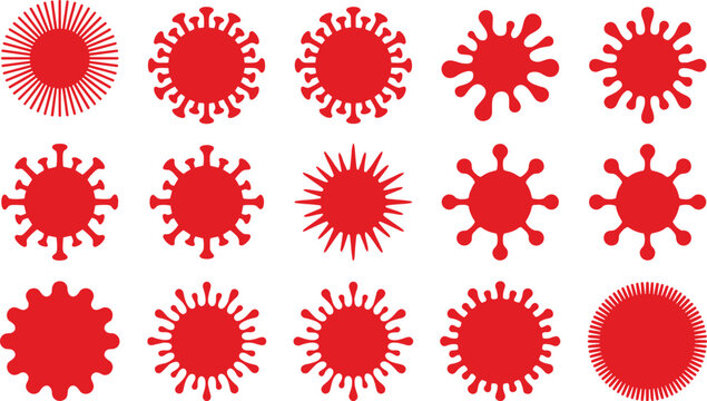 Red virus silhouette vector collection featuring various coronavirus bacteria and microbe shapes for medical research pandemic awareness healthcare and biology science design.