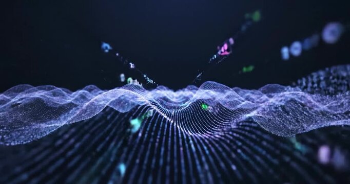 Abstract digital data waves flowing through a particle network background