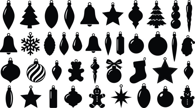 Christmas ornament silhouette vector collection featuring various bauble shapes snowflakes bells stars and festive holiday decorations for winter celebration and seasonal graphic design