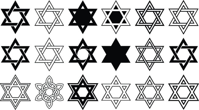 Star of David vector silhouette collection featuring various Jewish hexagram shapes and religious symbols for Israel heritage Judaism culture and spiritual graphic design.
